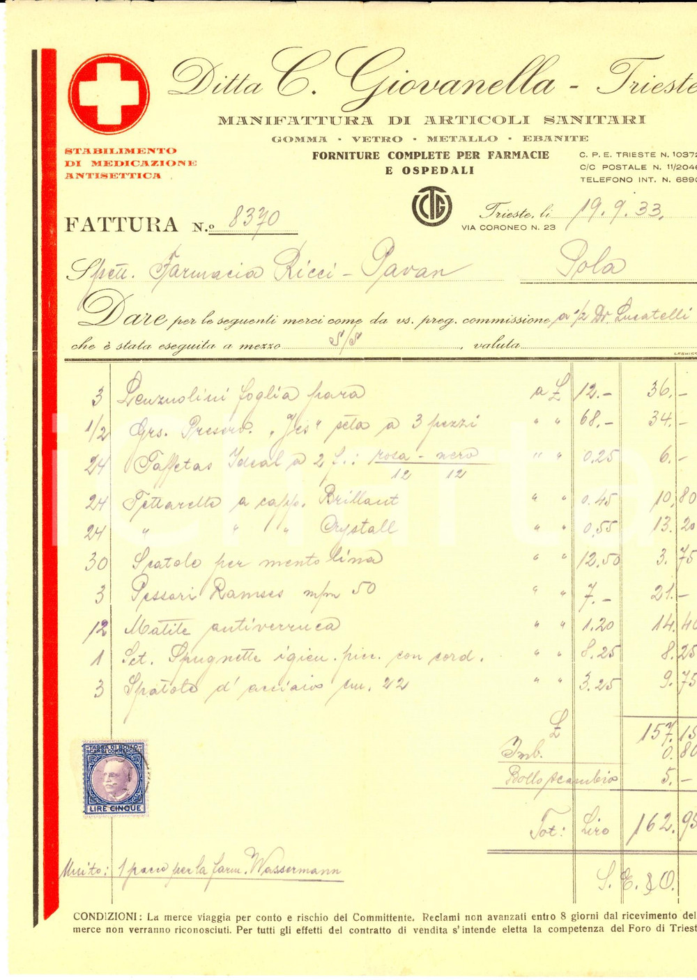 Documento originale, autentico 1933 TRIESTE Ditta C. GIOVANELLA Manifattura articoli sanitari Fattura 1