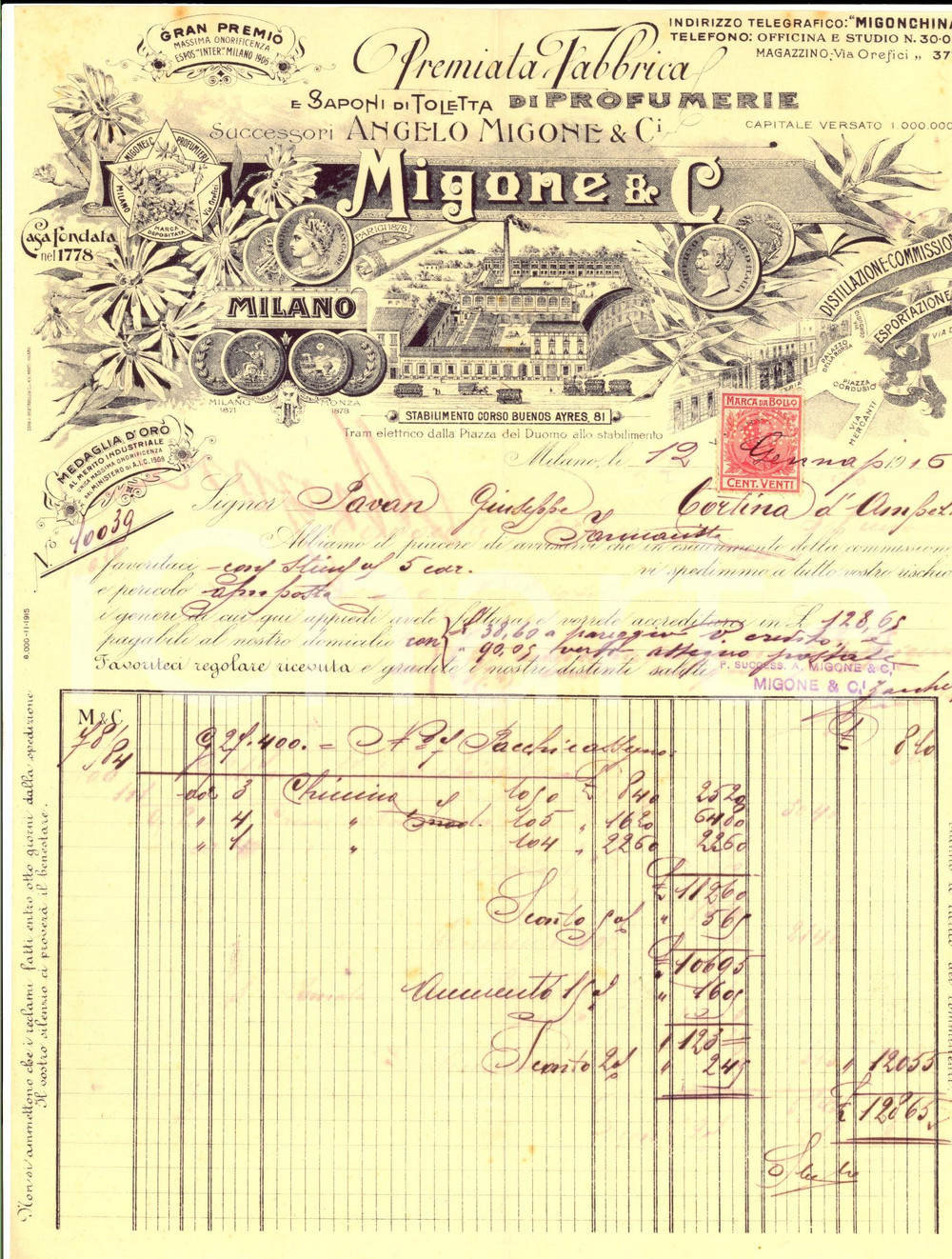 Documento originale, autentico 1916 MILANO Premiata fabbrica saponi MIGONE & C. Fattura ILLUSTRATA per chinino 1
