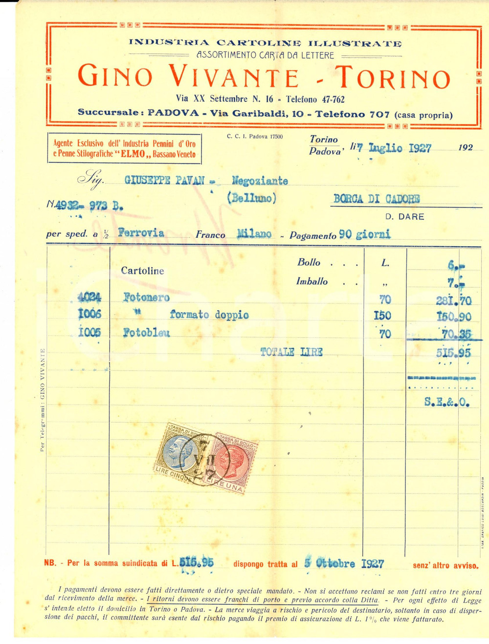 Documento originale, autentico 1927 PADOVA Gino VIVANTE Cartoline illustrate  carta da lettere Fattura 1