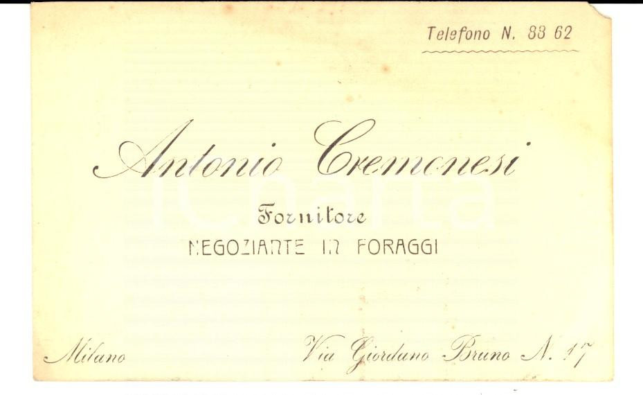 Oggetto da collezione cartaceo 1909 MILANO Antonio CREMONESI Negoziante in foraggi Biglietto con bolli 1