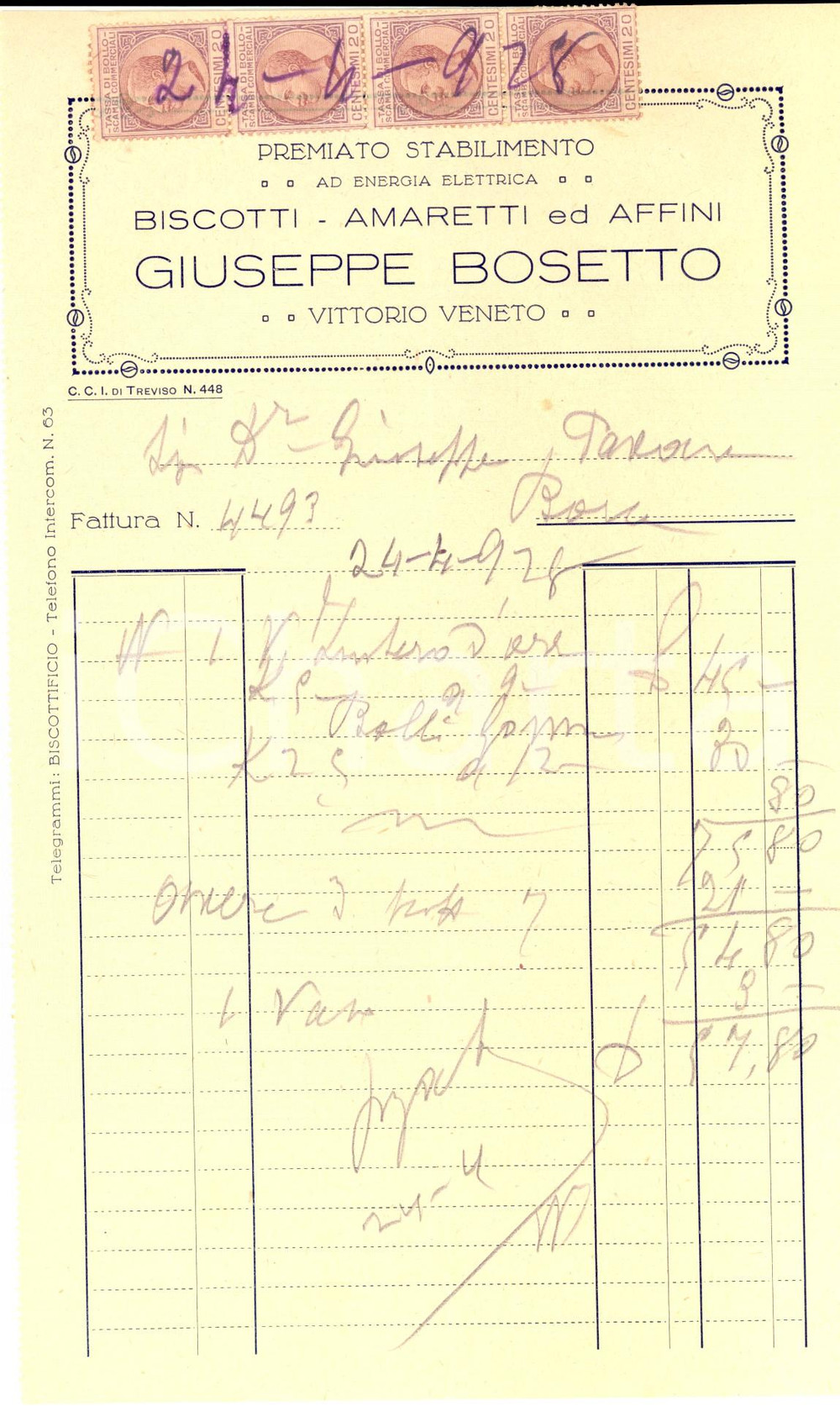 Documento originale, autentico 1928 VITTORIO VENETO TV Giuseppe BOSETTO Biscotti  amaretti Fattura 1