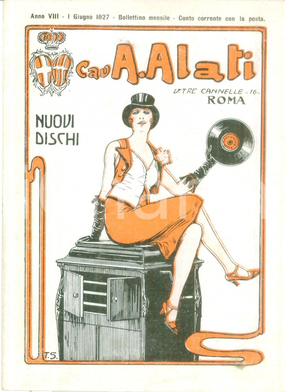 Materiale pubblicitario d’epoca Giugno 1927 ROMA Ditta Cav. ALATI Dischi operette Listino mensile ILLUSTRATO 1