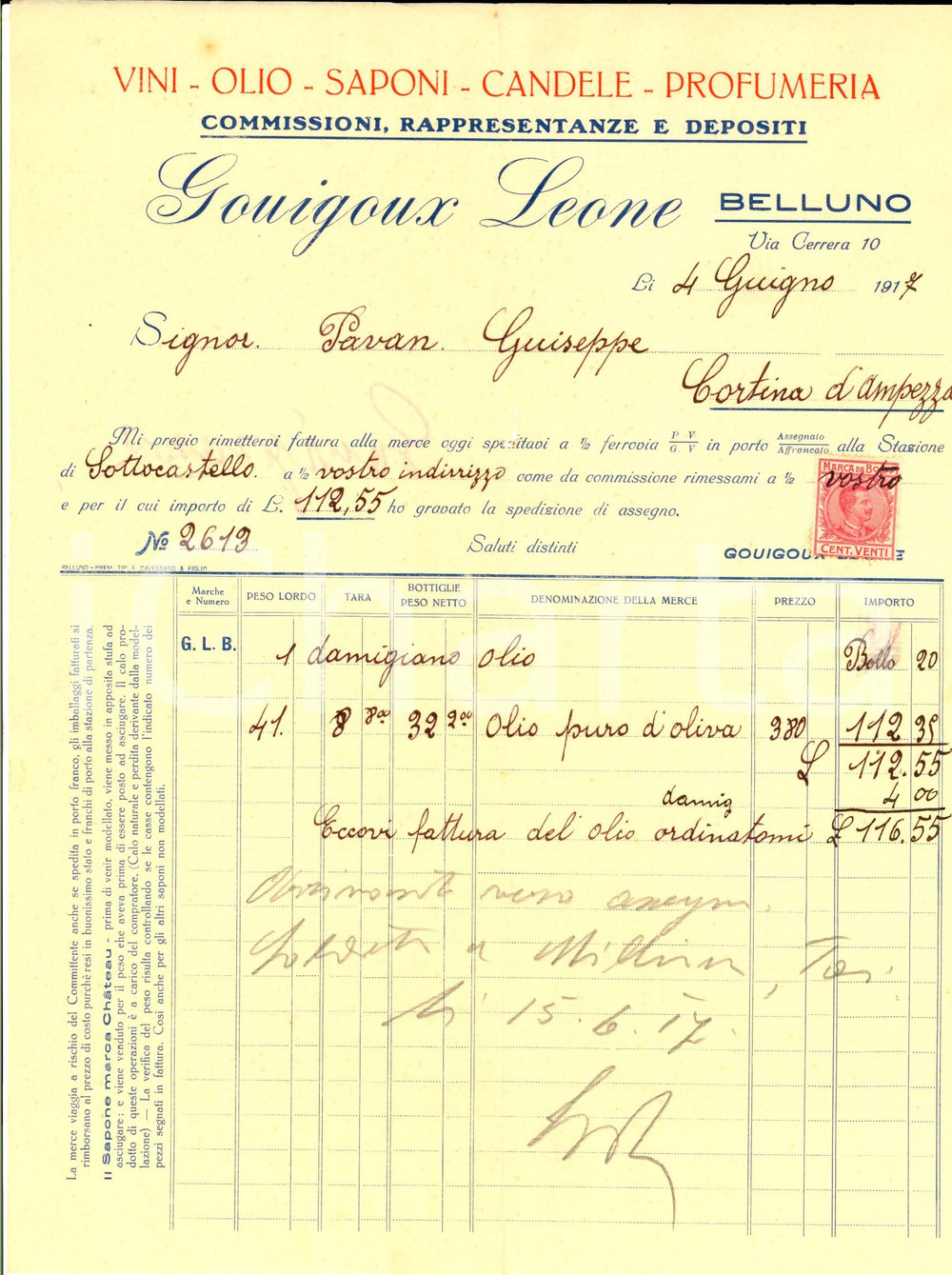 Documento originale, autentico 1917 BELLUNO Leone GOUIGOUX Olio, saponi, candele e profumeria Fattura 1