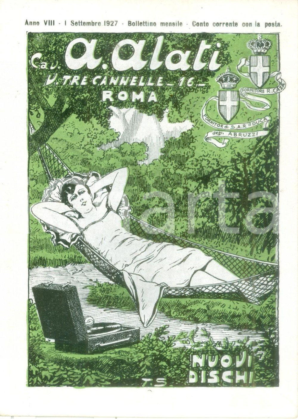 Materiale pubblicitario d’epoca Settembre 1927 ROMA Ditta Cav. ALATI Nuovi dischi Listino mensile ILLUSTRATO 1