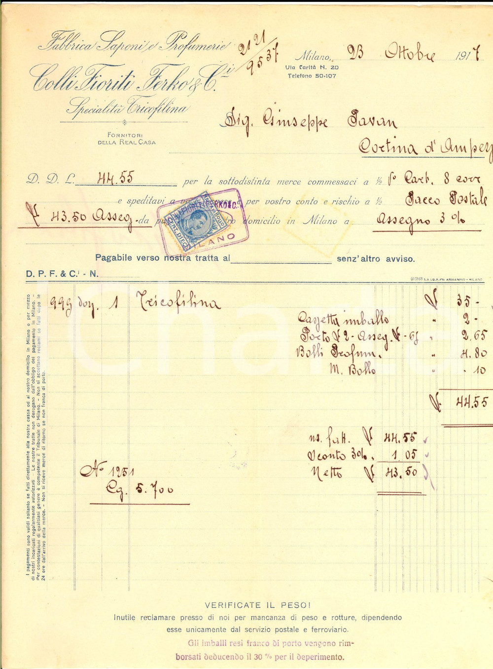 Documento originale, autentico 1917 MILANO Fabbrica saponie profumerie COLLI FIORITI FERKO & C. Fattura 1