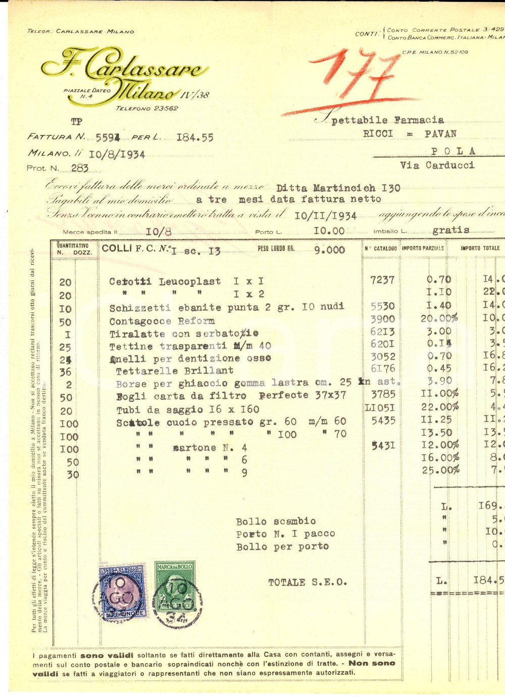 Documento originale, autentico 1934 MILANO Ditta F. CARLASSARE Prodotti farmaceutici Fattura intestata 1