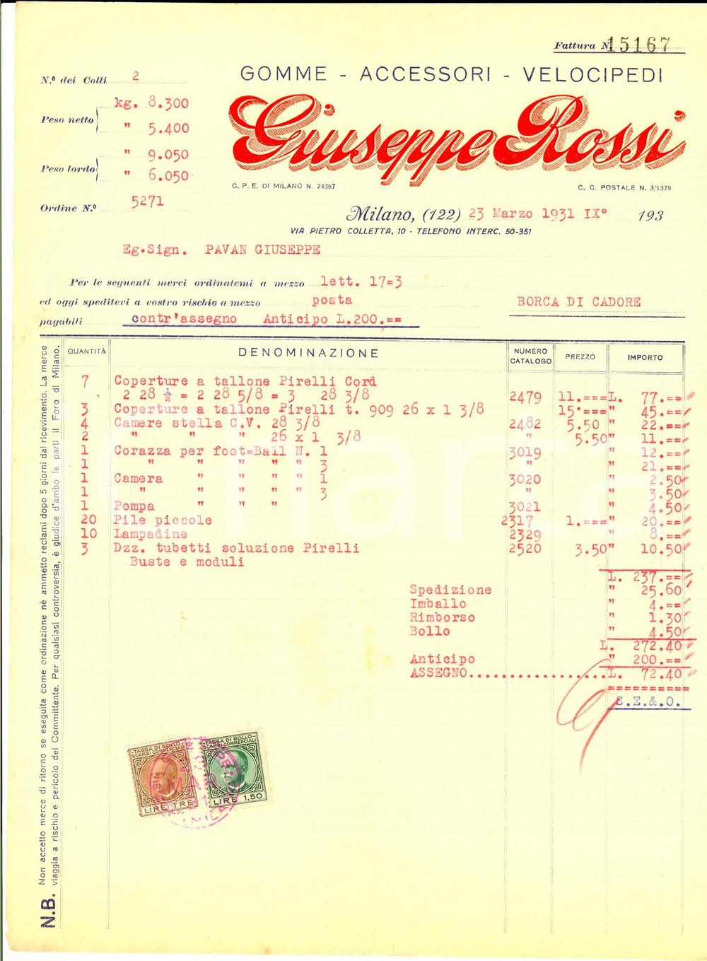 Documento originale, autentico 1931 MILANO Giuseppe ROSSI Gomme  accessori  velocipedi Fattura 1