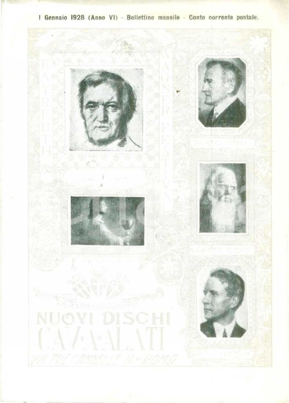 Materiale pubblicitario d’epoca Gennaio 1928 ROMA Ditta Cav. ALATI Festival BAYREUTH Listino mensile ILLUSTRATO 1