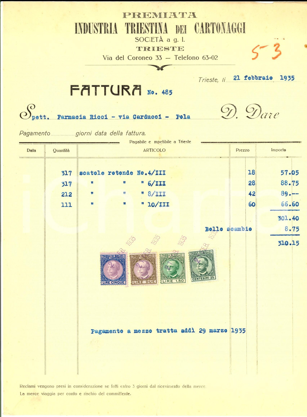 Documento originale, autentico 1935 TRIESTE  Premiata Industria Triestina dei Cartonaggi Fattura per scatole 1