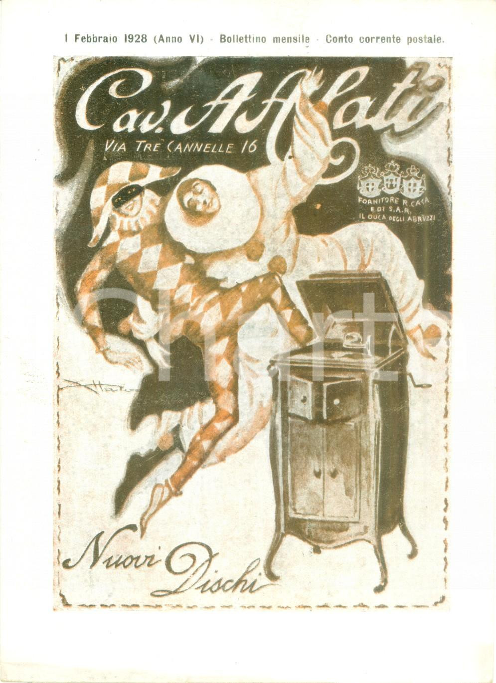Materiale pubblicitario d’epoca Febbraio 1928 ROMA Ditta Cav. ALATI Nuovi dischi Listino mensile ILLUSTRATO 1