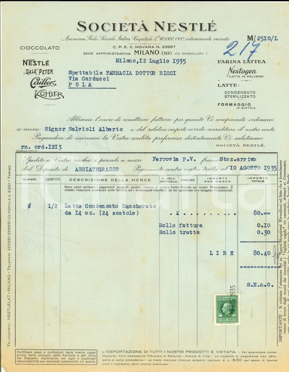 Documento originale, autentico 1935 MILANO SocietÃ  NESTLE  cioccolato Fattura per latte condensato 1
