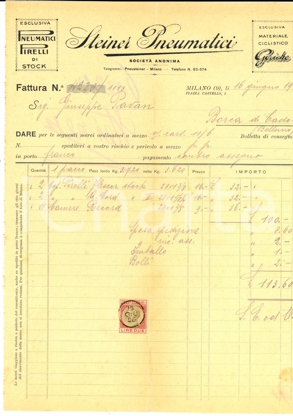 Documento originale, autentico 1926 MILANO STEINER Pneumatici  Esclusiva PIRELLI Fattura intestata 1