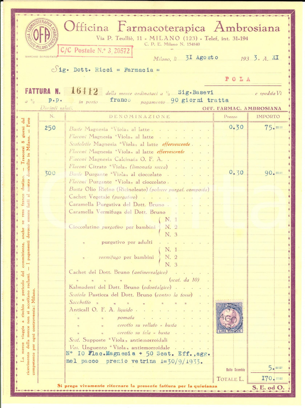 Documento originale, autentico 1933 MILANO Officina Farmacoterapica Ambrosiana Fattura intestata 1