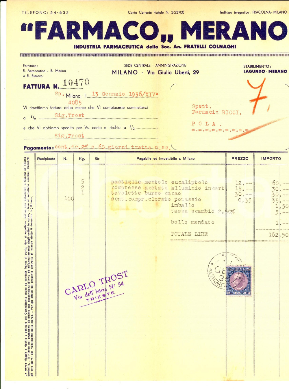 Documento originale, autentico 1936 MILANO FARMACO MERANO Industria farmaceutica FRATELLI COLNAGHI Fattura 1