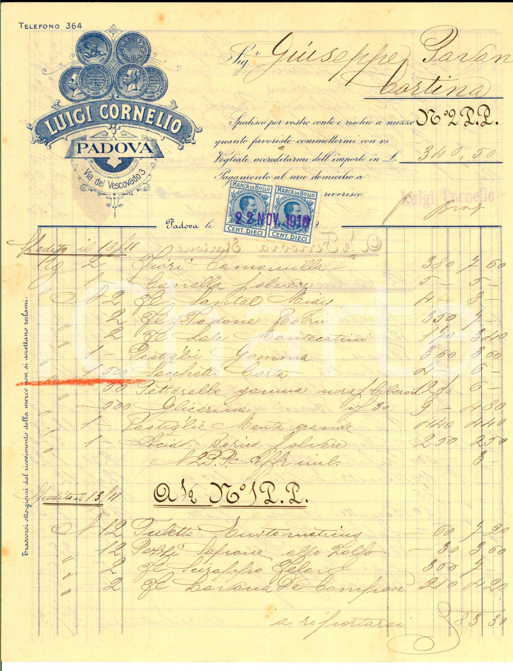 Documento originale, autentico 1916 PADOVA Luigi CORNELIO Drogheria  profumeria Fattura manoscritta 1