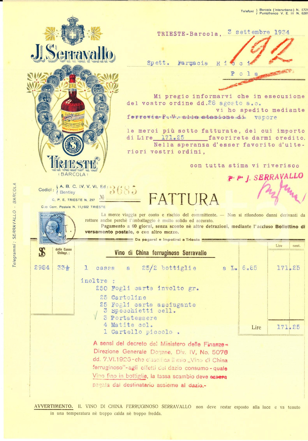 Documento originale, autentico 1934 TRIESTE BARCOLA Ditta J. SERRAVALLE Fattura ILLUSTRATA per carta 1