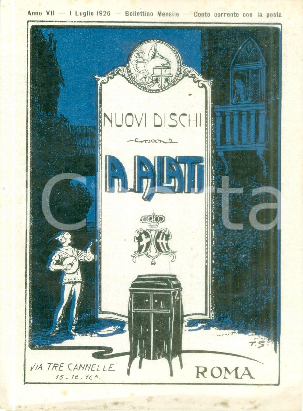 Materiale pubblicitario d’epoca Luglio 1926 ROMA Ditta ALATI Nuovi dischi celebritÃ  Listino mensile ILLUSTRATO 1