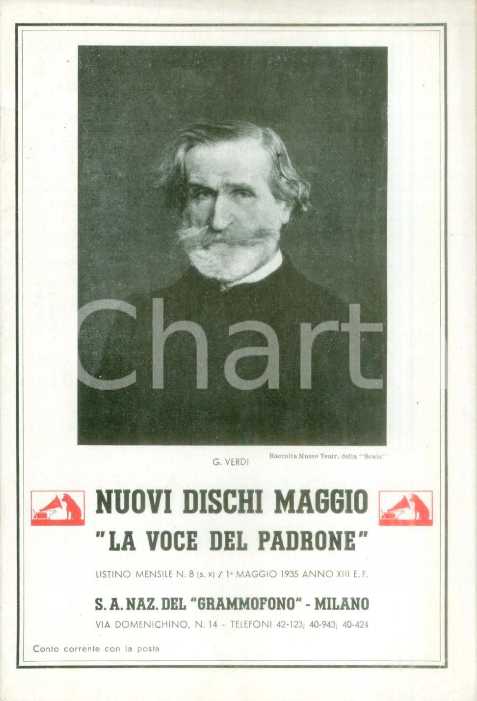 Materiale pubblicitario d’epoca 1935 LA VOCE DEL PADRONE Nuovi dischi maggio Giuseppe VERDI Listino ILLUSTRATO 1