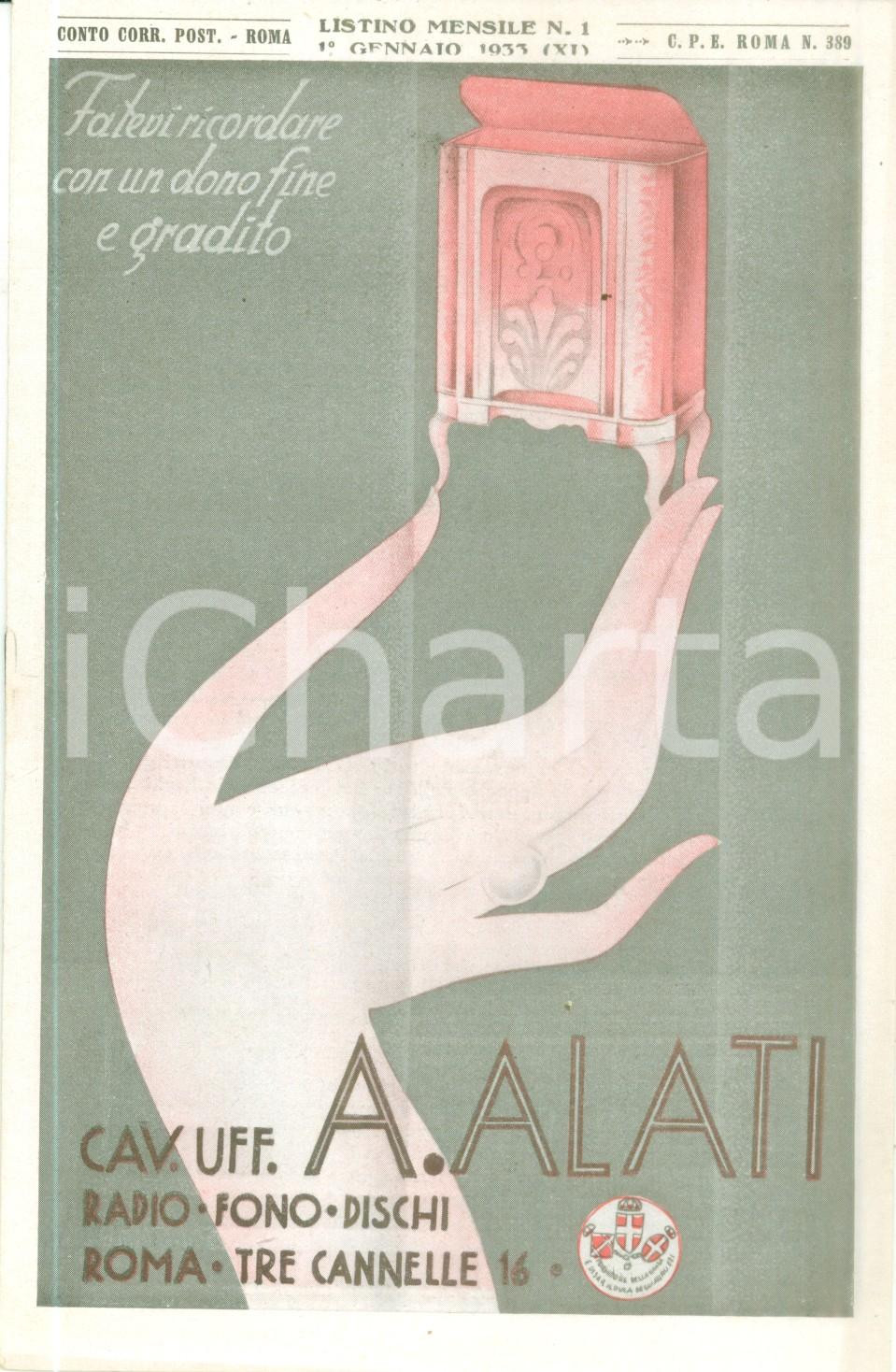 Materiale pubblicitario d’epoca Gennaio 1933 ROMA Ditta Cav. ALATI Recenti successi Listino mensile ILLUSTRATO 1