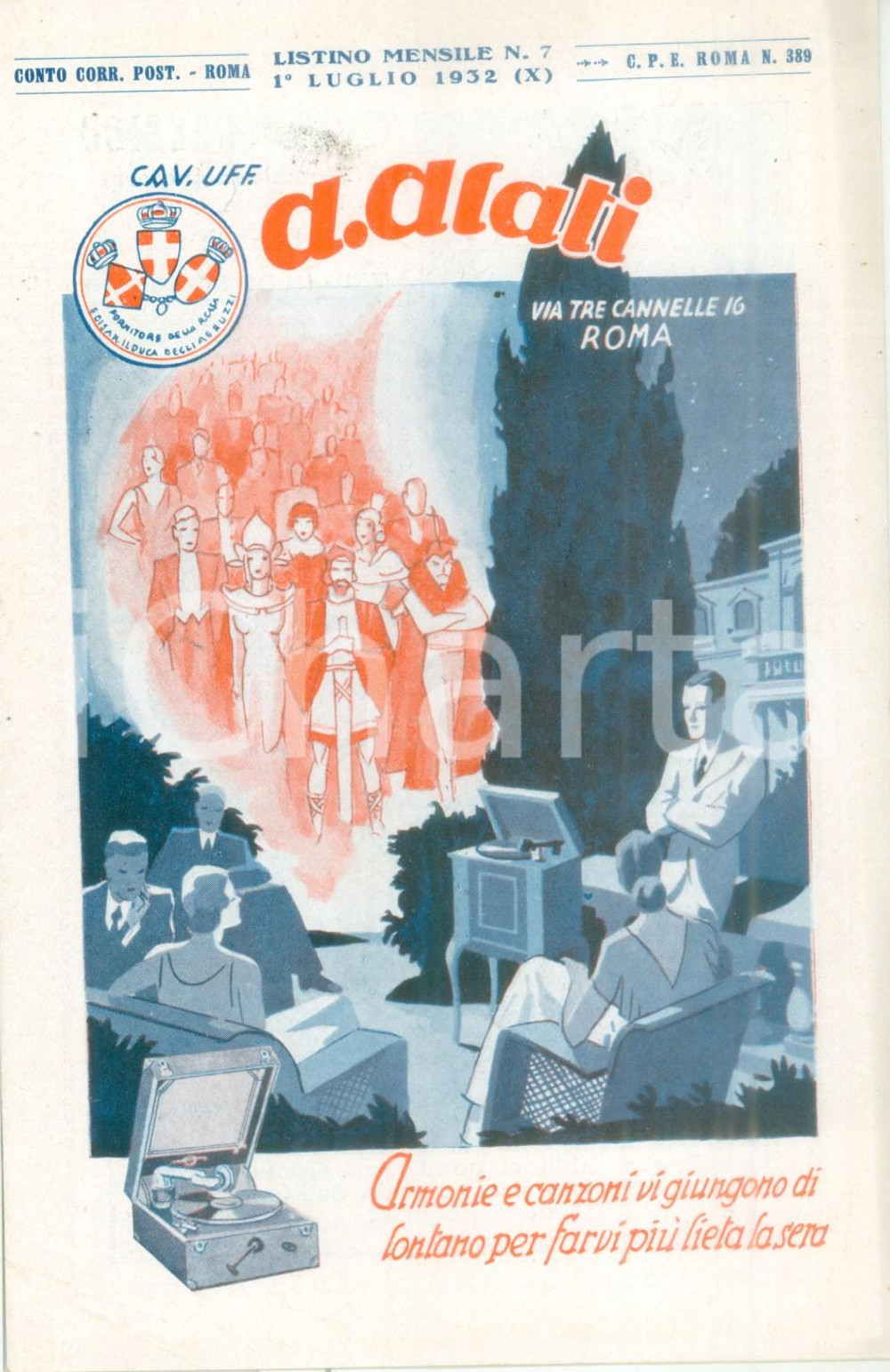 Materiale pubblicitario d’epoca Luglio 1932 ROMA Ditta Cav. ALATI Canzoni di successi Listino mensile ILLUSTRATO 1