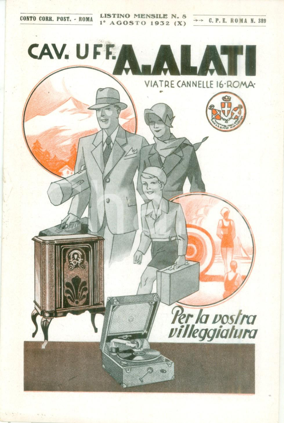 Materiale pubblicitario d’epoca Agosto 1932 ROMA Ditta Cav ALATI orchestre sinfoniche Listino mensile ILLUSTRATO 1