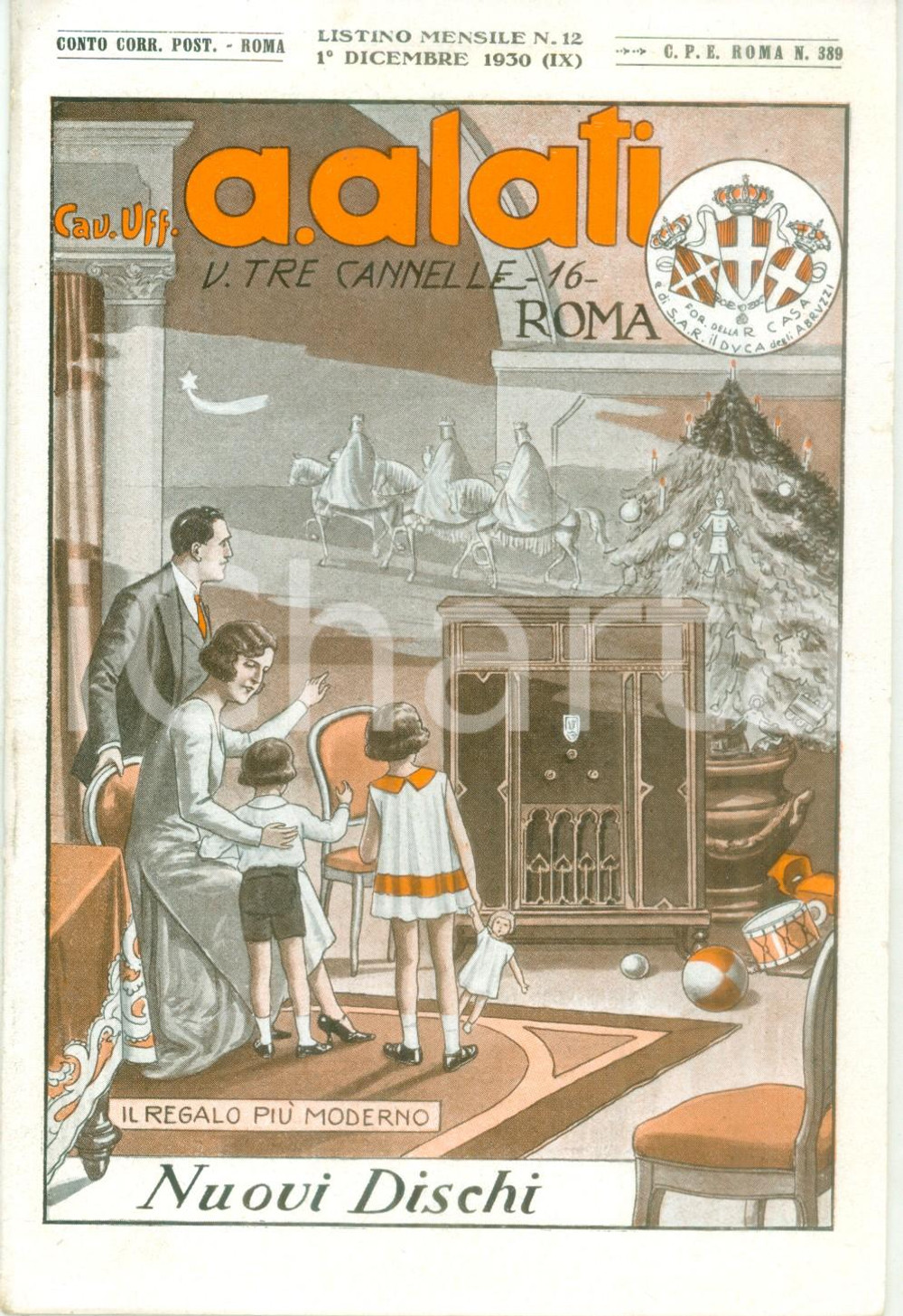 Materiale pubblicitario d’epoca Dicembre 1930 ROMA Ditta Cav ALATI Canzoni per NATALE Listino mensile ILLUSTRATO 1