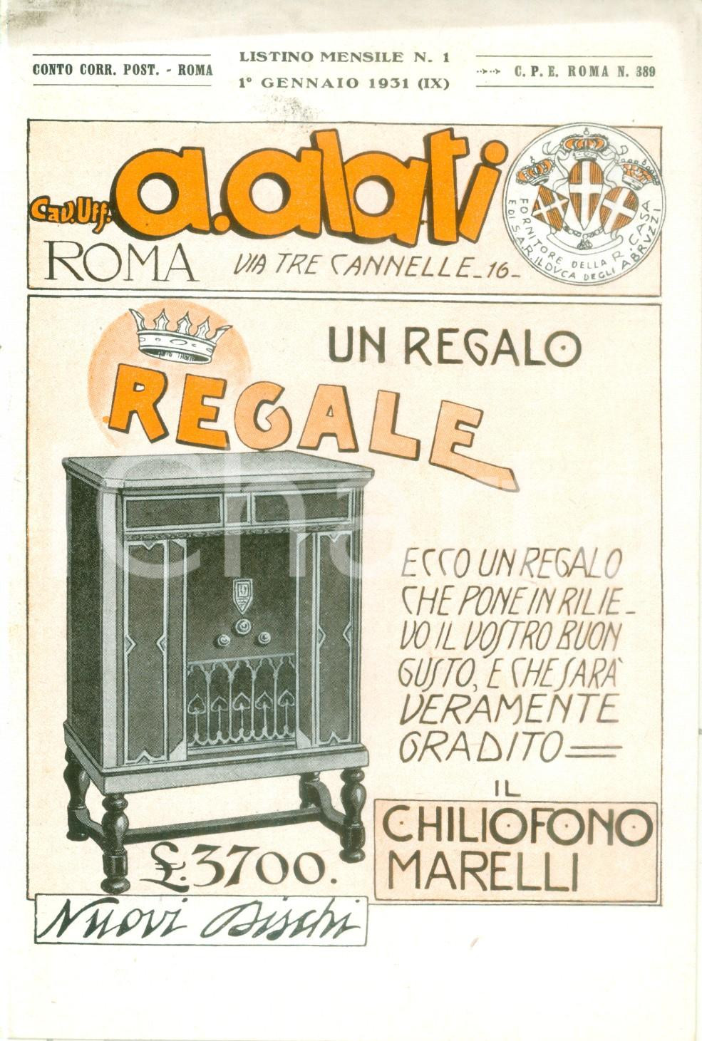 Materiale pubblicitario d’epoca Gennaio 1931 ROMA Ditta Cav. ALATI Chiliofono MARELLI Listino mensile ILLUSTRATO 1