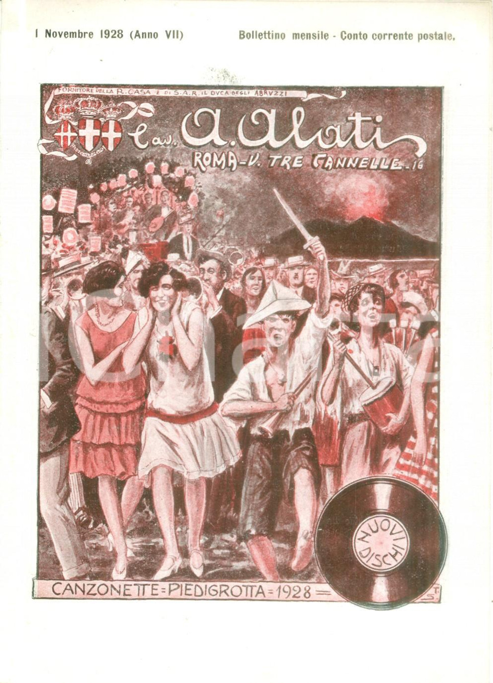 Materiale pubblicitario d’epoca Novembre 1928 ROMA Ditta Cav. ALATI Canzonette PIEDIGROTTA Listino ILLUSTRATO 1