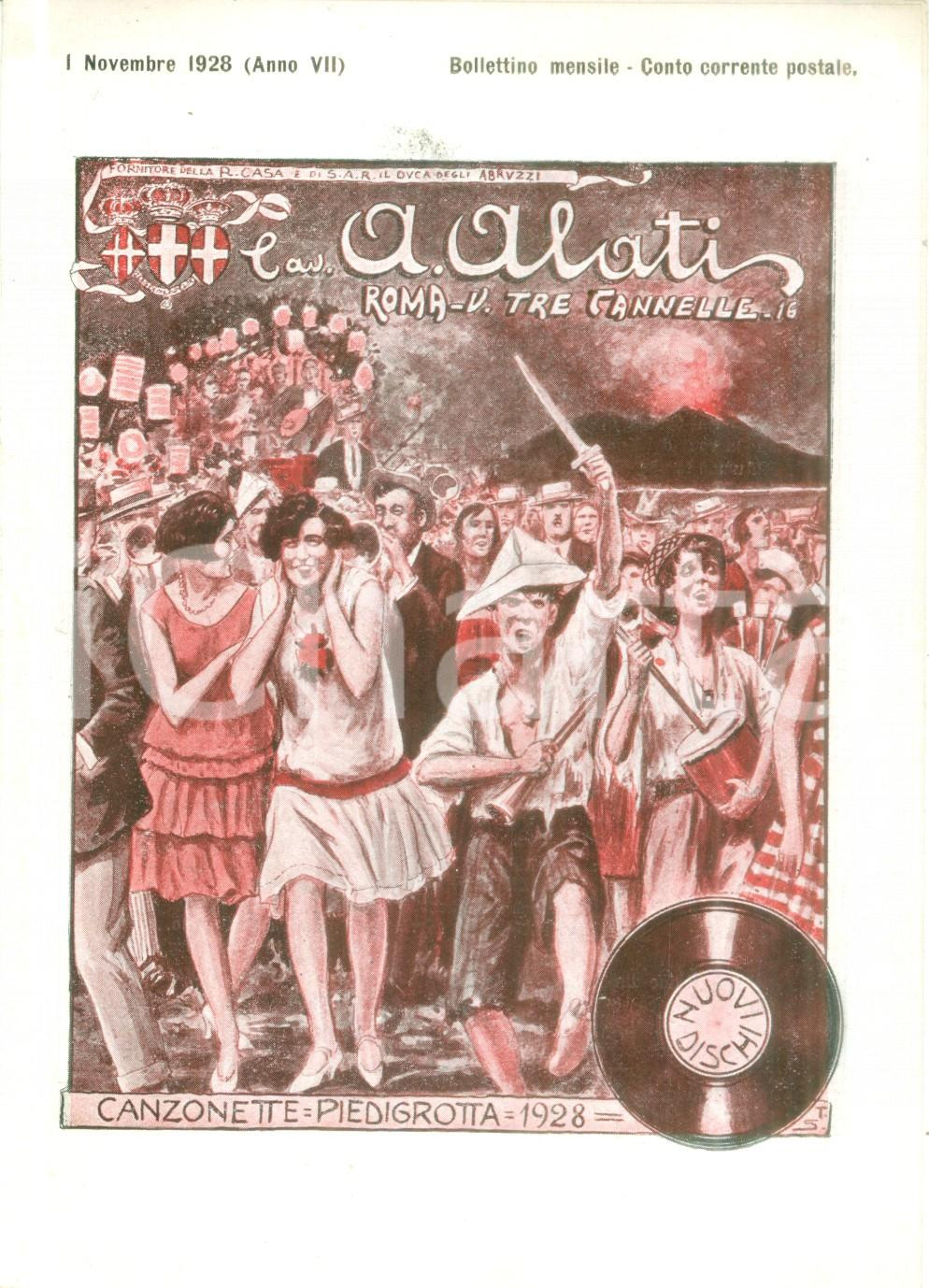Materiale pubblicitario d’epoca Novembre 1928 ROMA Ditta Cav. ALATI Canzonette PIEDIGROTTA Listino ILLUSTRATO 1