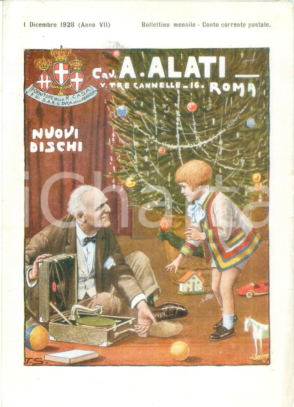 Materiale pubblicitario d’epoca Dicembre 1928 ROMA Ditta Cav. ALATI Dischi di NATALE Listino mensile ILLUSTRATO 1