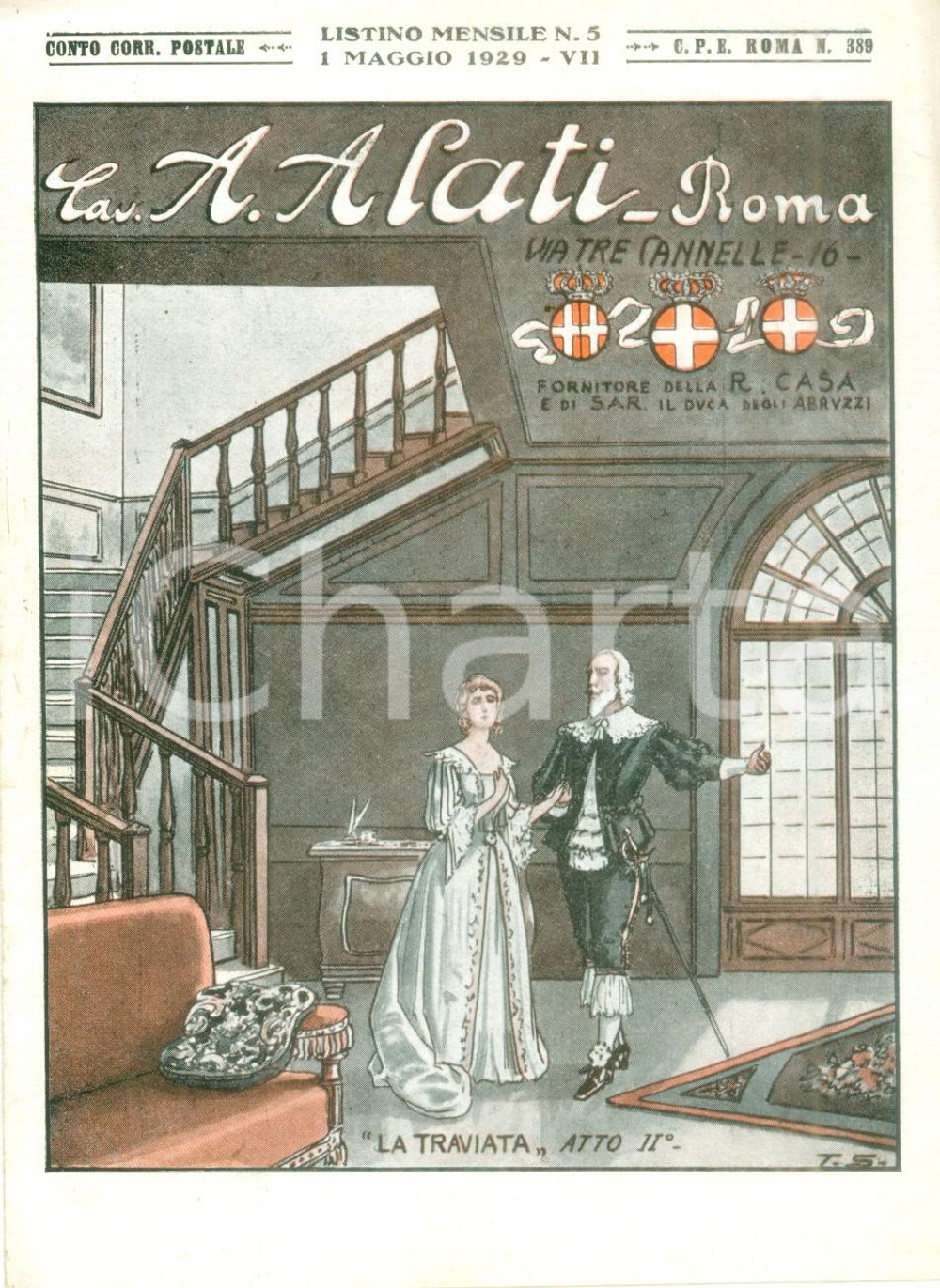 Materiale pubblicitario d’epoca Maggio 1929 ROMA Ditta Cav. ALATI La Traviata Listino mensile ILLUSTRATO 1