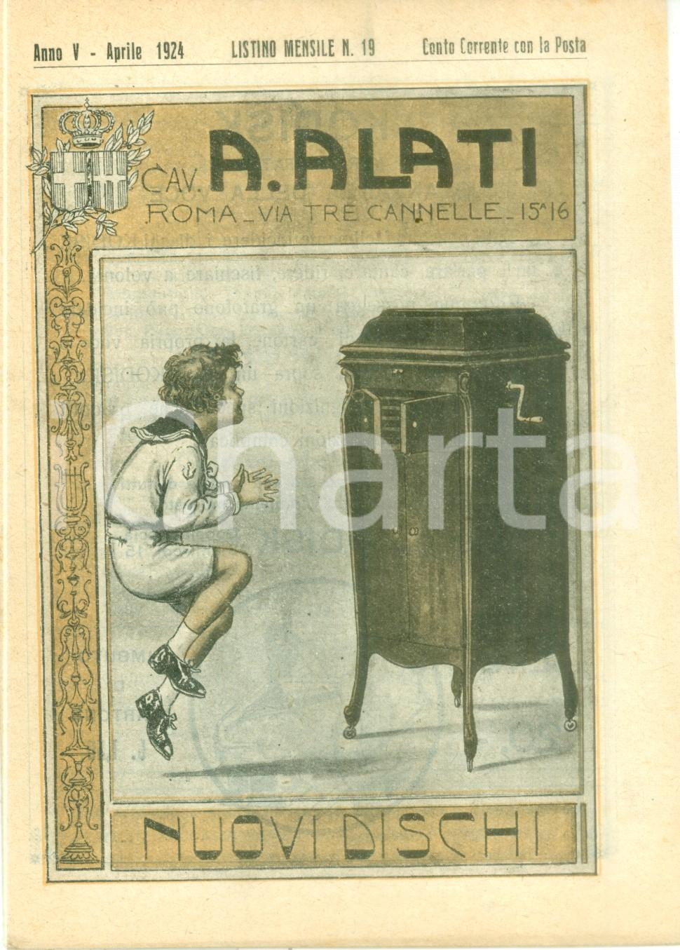 Materiale pubblicitario d’epoca Aprile 1924 ROMA Ditta Cav. ALATI Nuovi dischi Listino mensile ILLUSTRATO 1
