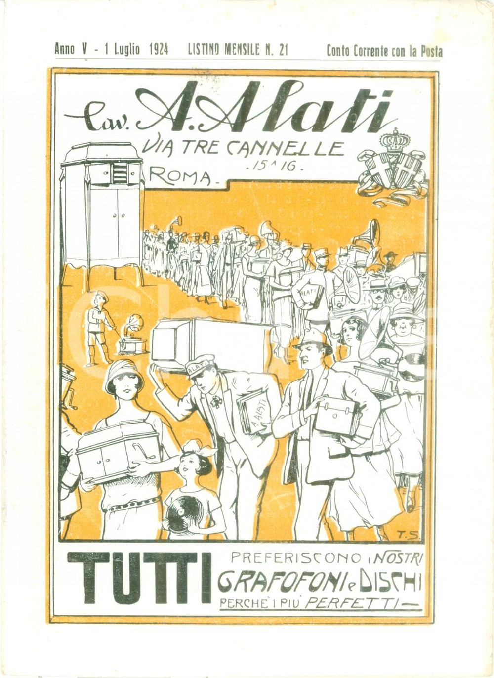 Materiale pubblicitario d’epoca Luglio 1924 ROMA Ditta Cav. ALATI Nuovi dischi Listino mensile ILLUSTRATO 1
