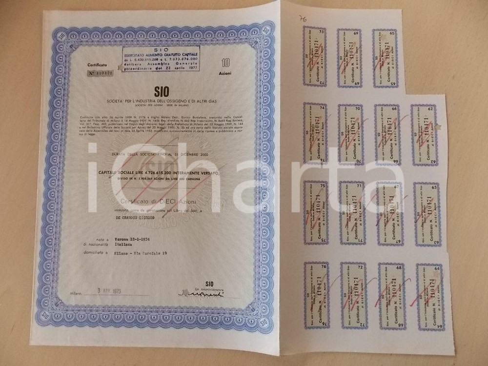 Oggetto da collezione cartaceo 1973 MILANO Società per l industria dell Ossigeno SIO Certificato 10 azioni 1 1
