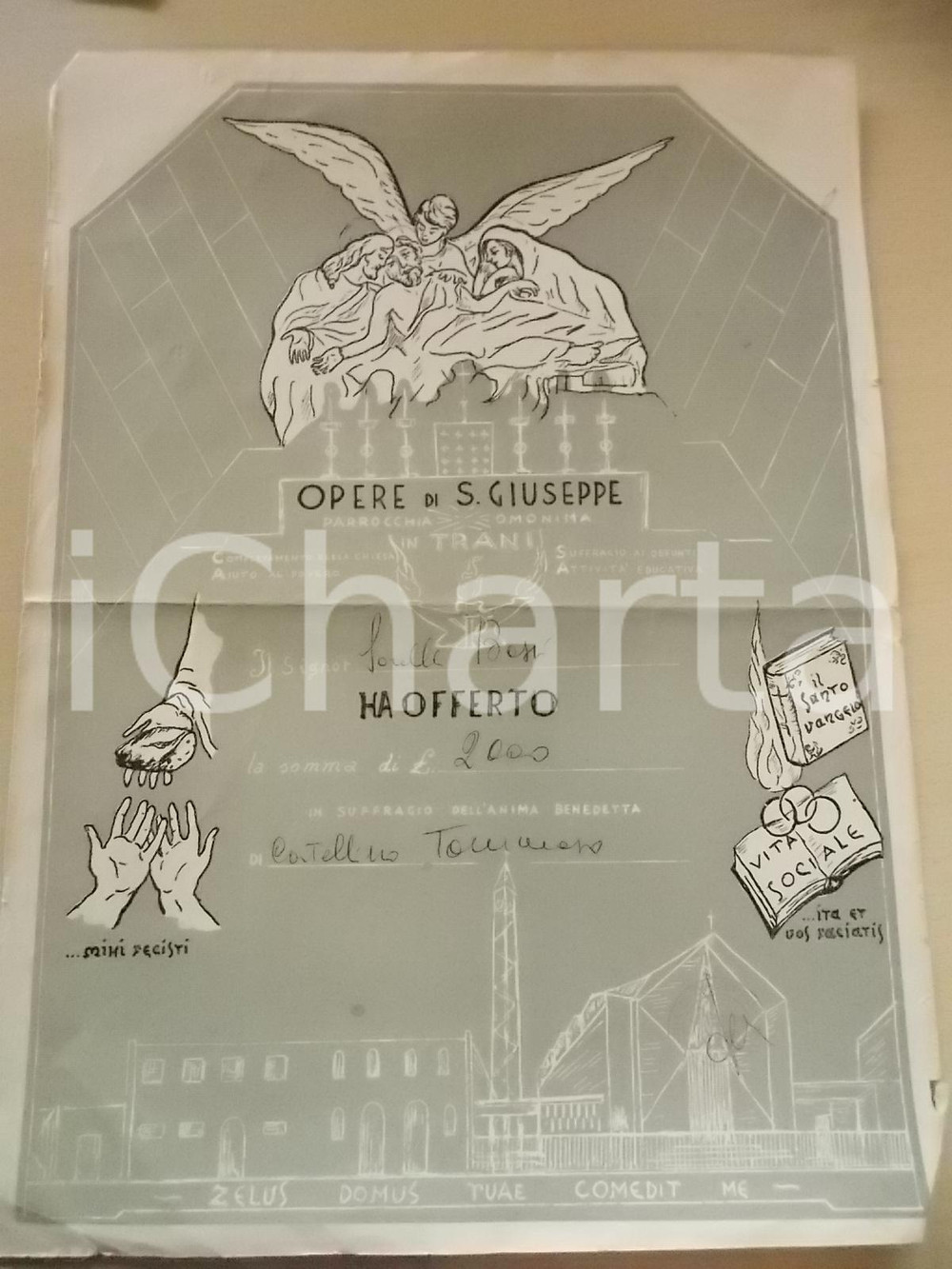 Documento originale, autentico 1960 ca TRANI Opere di SAN GIUSEPPE  Offerta suffragio ai defunti Manifesto 1