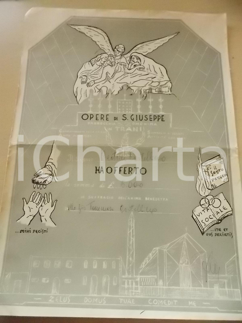 Documento originale, autentico 1960 ca TRANI Opere di SAN GIUSEPPE Offerta suffragio ai defunti Manifesto 1