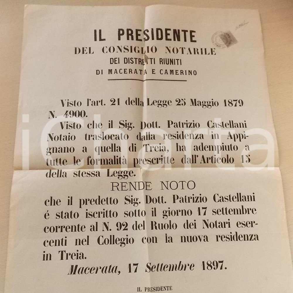 Documento originale, autentico 1897 TREIA MC Iscrizione Patrizio CASTELLANI  al ruolo dei notai Manifesto 1
