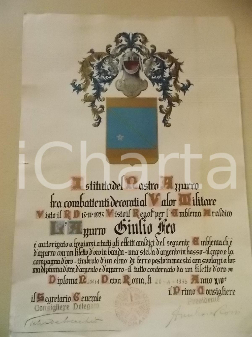 Documento originale, autentico 1936 ROMA Istituto del NASTRO AZZURRO Diploma del combattente Giulio FEO 1