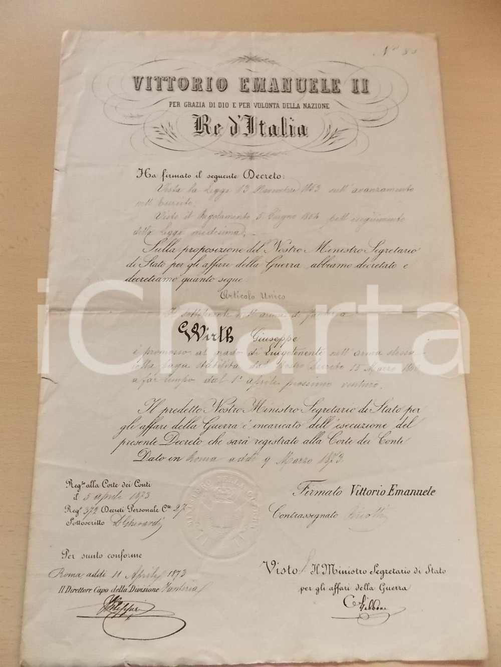 Documento originale, autentico 1873 ROMA Promozione Giuseppe WIRTH a luogotenente di fanteria Decreto 1