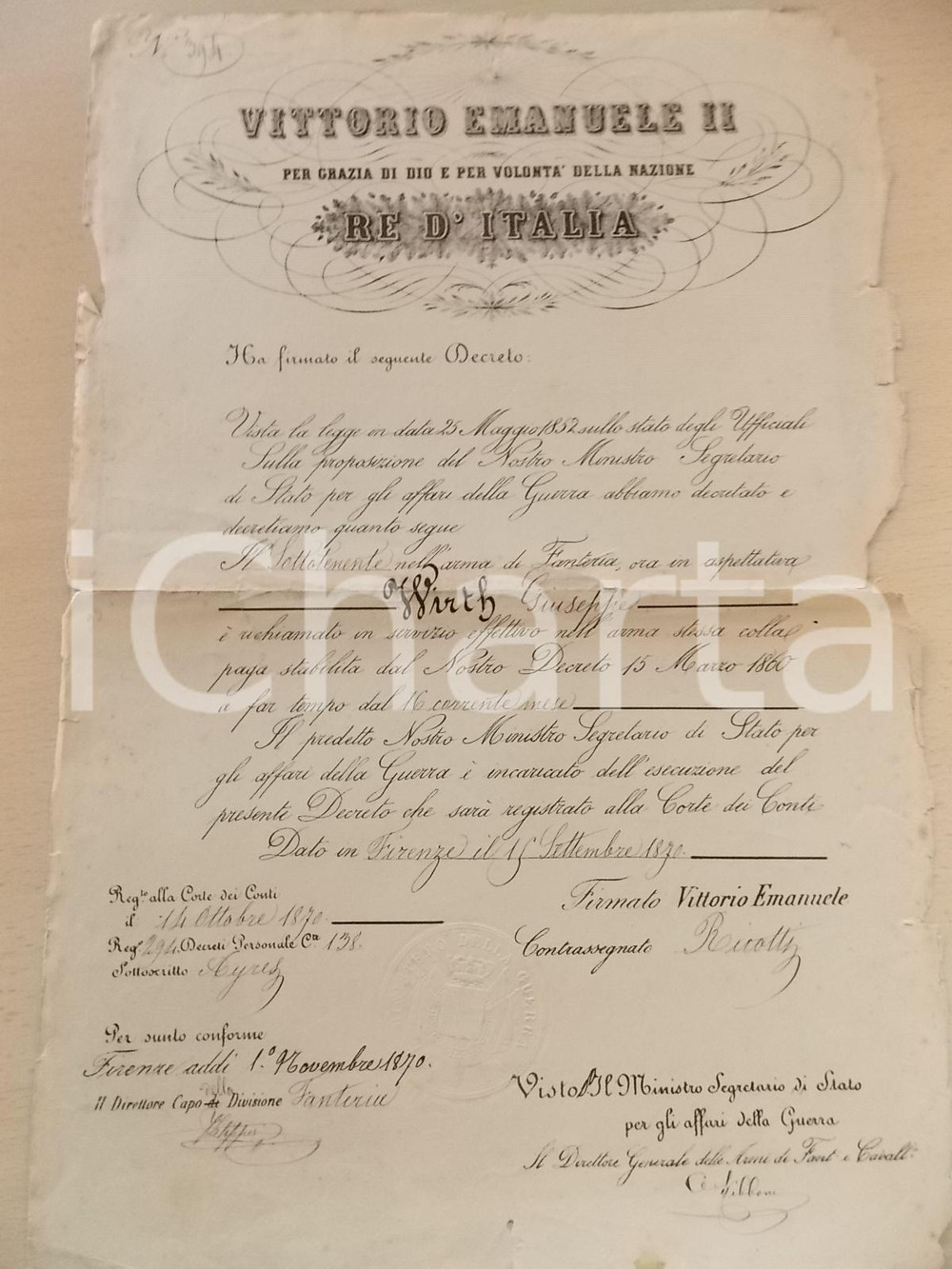 Documento originale, autentico 1870 ROMA Richiamo in servizio del sottotenente Giuseppe WIRTH Decreto 1