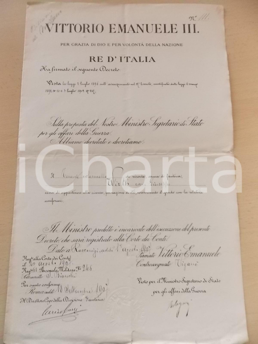 Documento originale, autentico 1907 RACCONIGI CN Ten. col. Giuseppe WIRTH esce dalla riserva Decreto 1