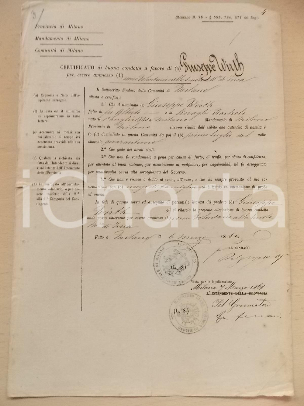 Documento originale, autentico 1865 MILANO Buona condotta di Giuseppe WIRTH alla scuola militare Attestato 1