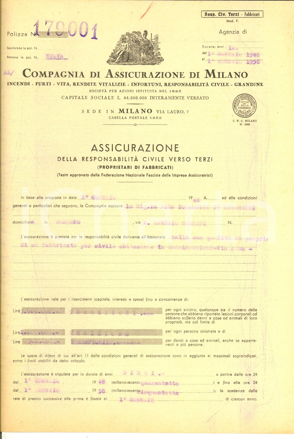 Documento originale, autentico 1948 CODOGNO COMPAGNIA DI ASSICURAZIONE DI MILANO Assicurazione TOMASETTI 1