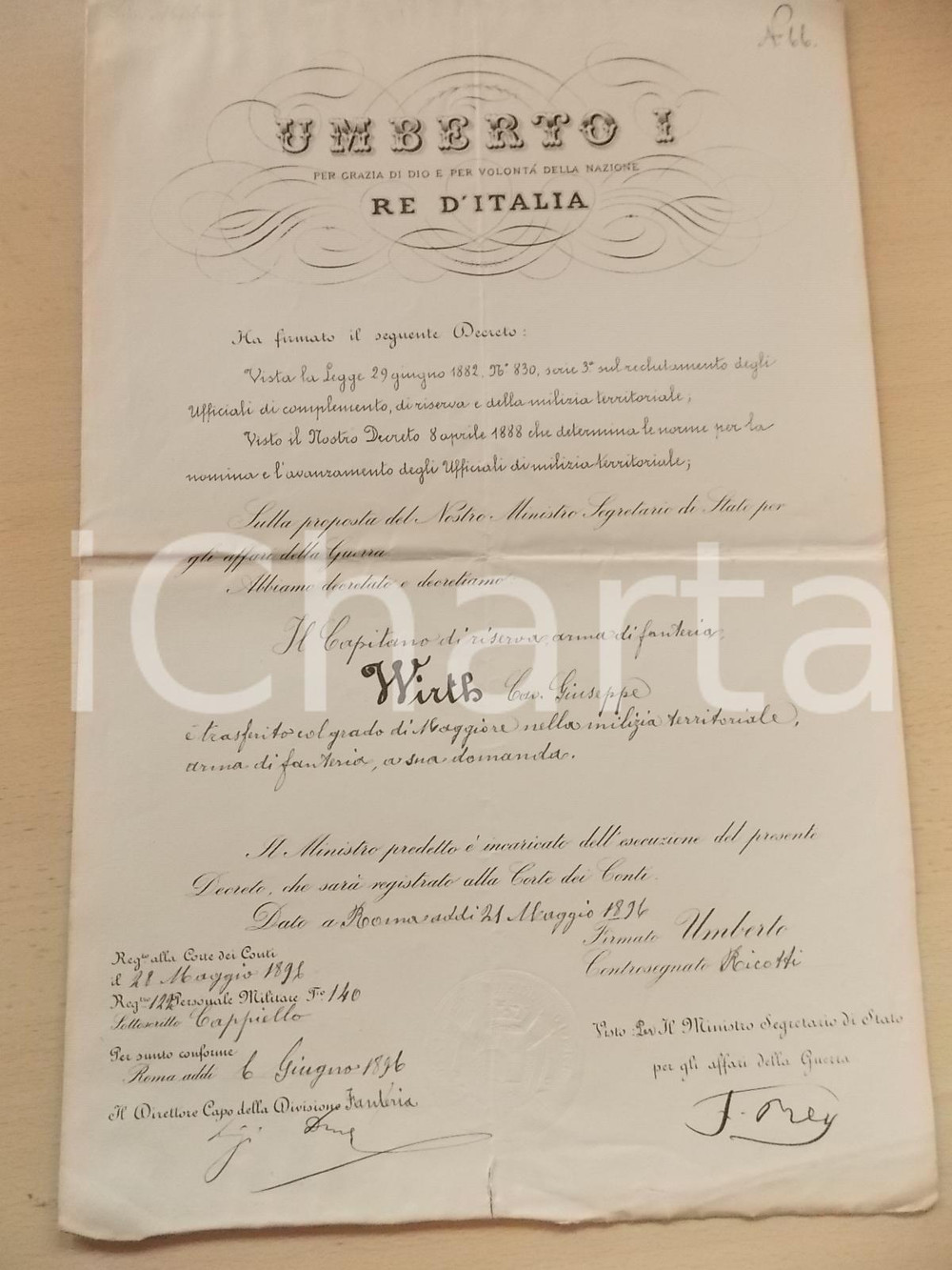 Documento originale, autentico 1896 ROMA Trasferimento Giuseppe WIRTH nella milizia territoriale Decreto 1