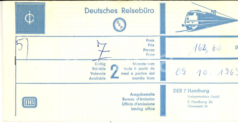 Materiale pubblicitario d’epoca 1969 DEUTSCHES REISEBURO Biglietto ferroviario HAMBURG  MILANO 1