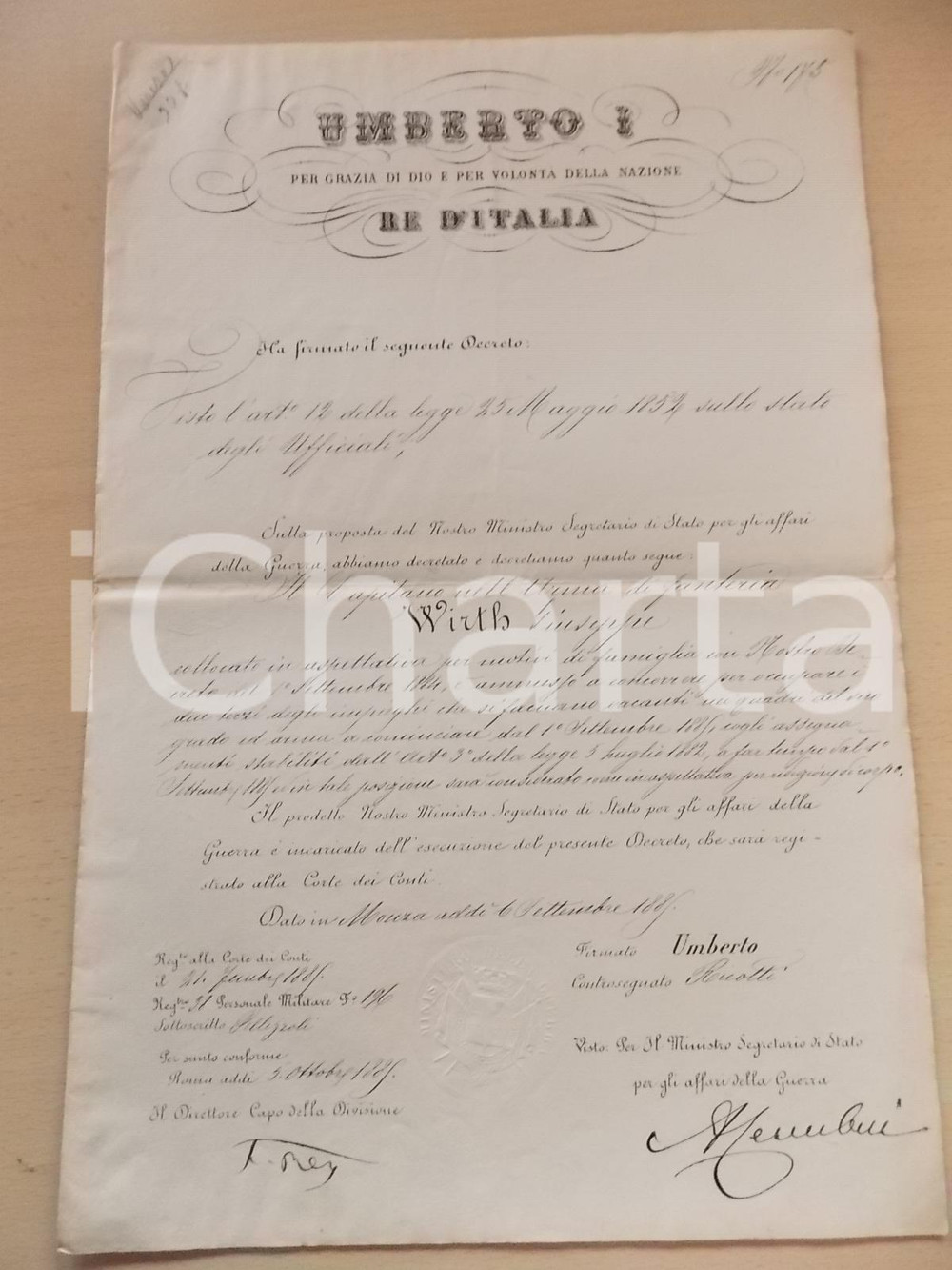 Documento originale, autentico 1885 ROMA Ammissione Giuseppe WIRTH agli impieghi per capitani Decreto 1