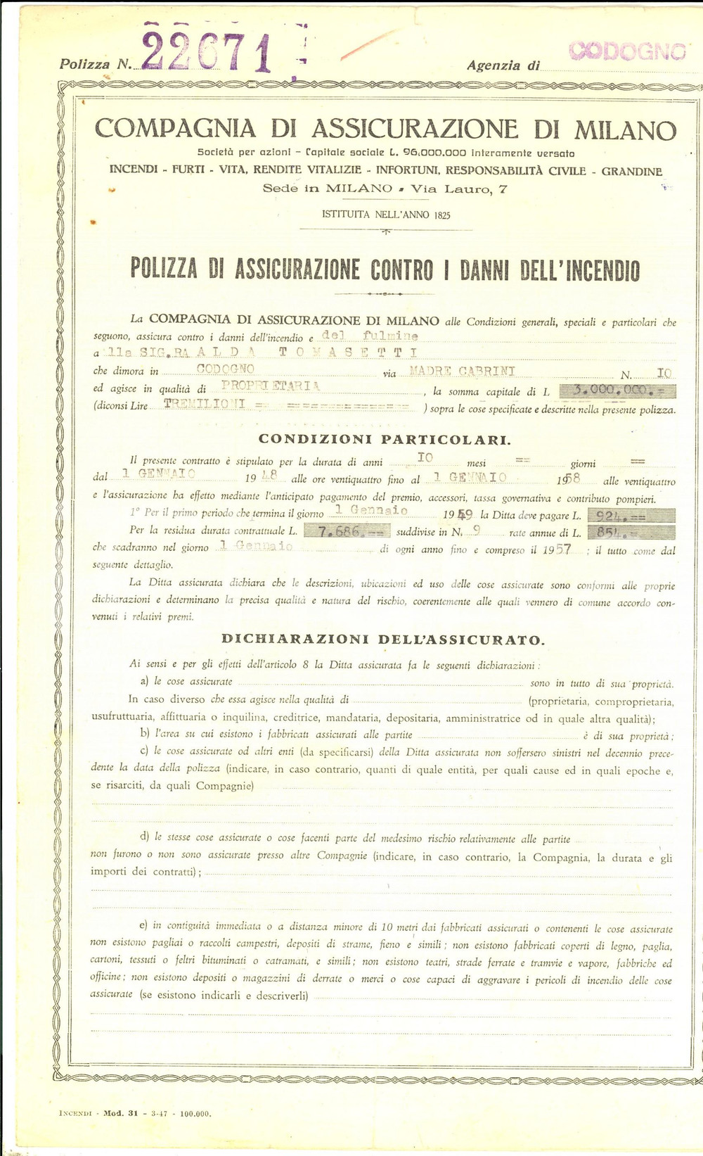 Documento originale, autentico 1948 CODOGNO COMPAGNIA DI ASSICURAZIONE DI MILANO Polizza Alda TOMASSETTI 1