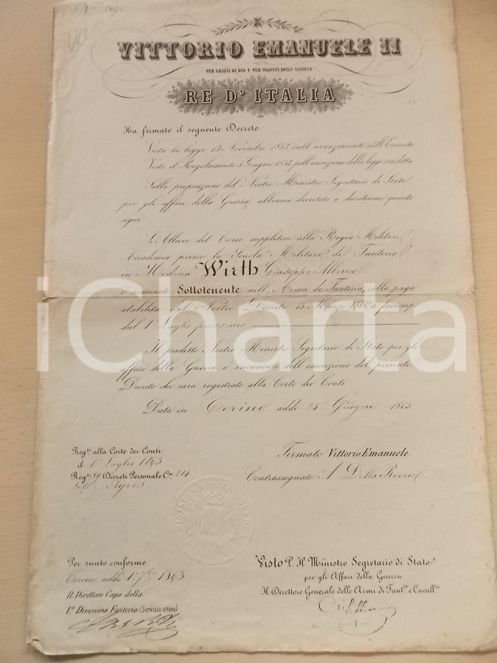 Documento originale, autentico 1863 TORINO Nomina Giuseppe WIRTH a sottotenente di fanteria Decreto 1