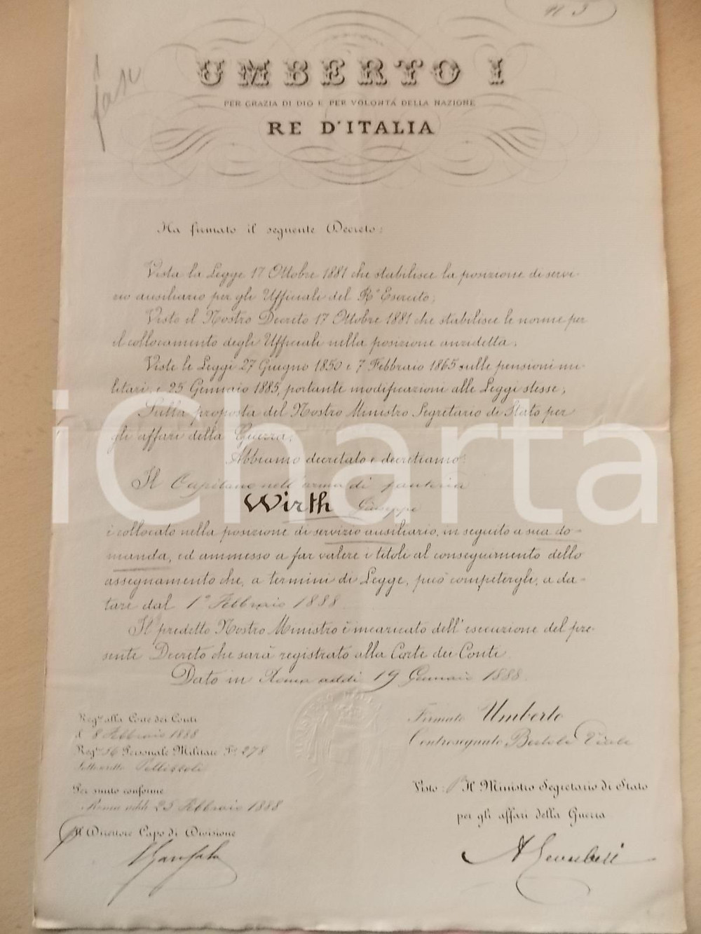 Documento originale, autentico 1888 ROMA Collocazione cap. Giuseppe WIRTH in servizio ausiliario Decreto 1