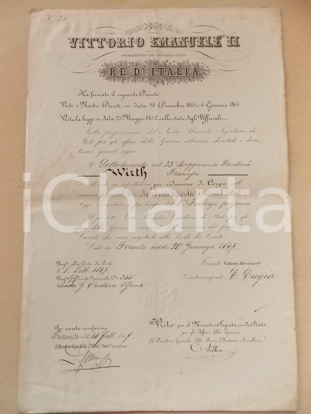 Documento originale, autentico 1867 FIRENZE Aspettativa sottotenente Giuseppe WIRTH per riduzione di corpo 1
